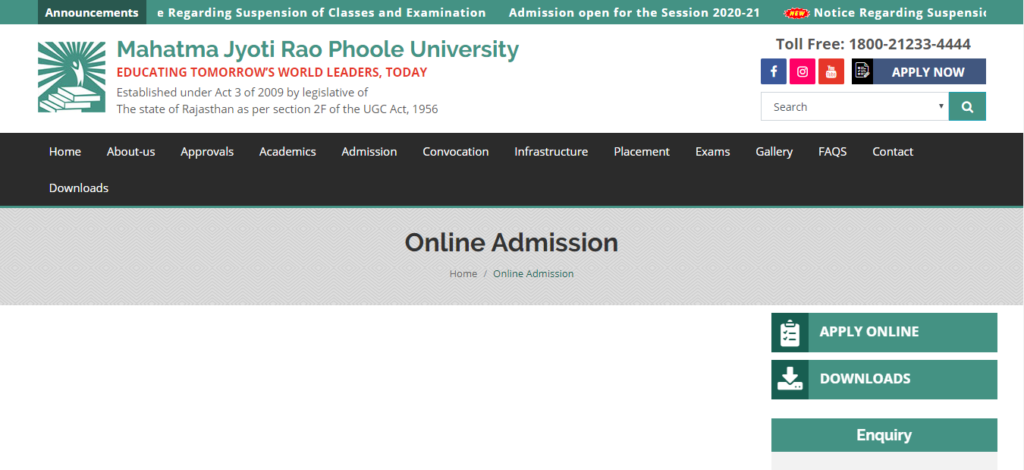 Mahatma Jyoti Rao Phoole University Admission