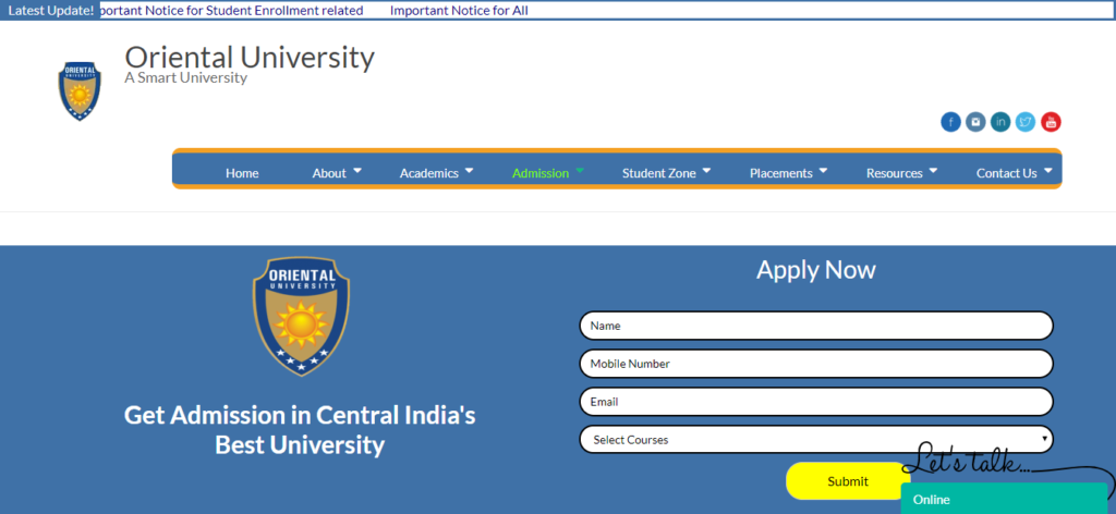 Oriental University Admission