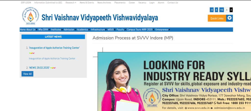 Shri Vaishnav Vidyapeeth Vishwavidyalaya Admission