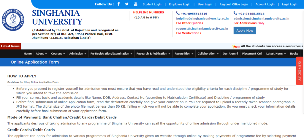 Singhania University Admission