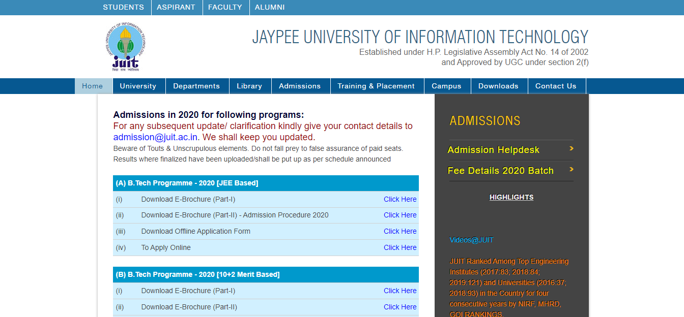 Jaypee University of Information & Technology Admission
