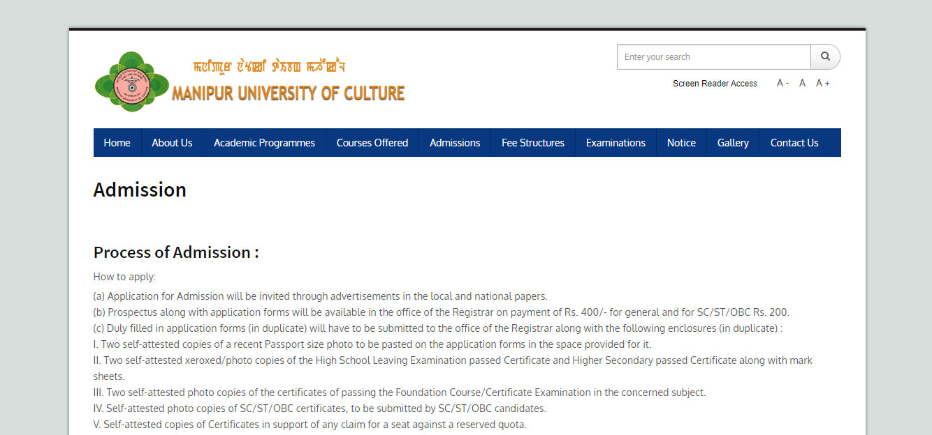 Manipur University Of Culture Admission