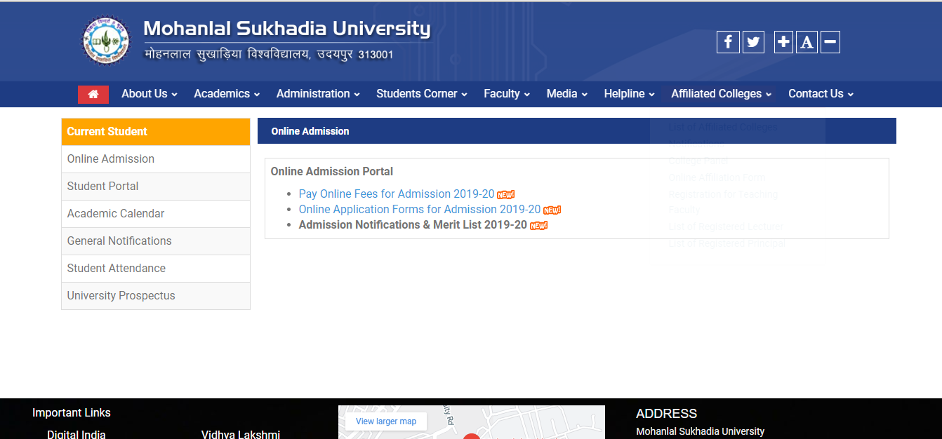 Mohan Lal Shukhadia University Admission