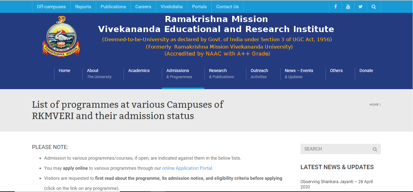 Ramakrishna Mission Vivekananda University Admission