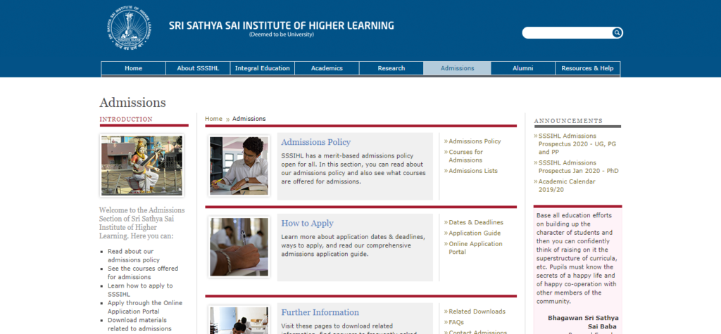 Sri Sathya Sai Institute of Higher Learning Admission