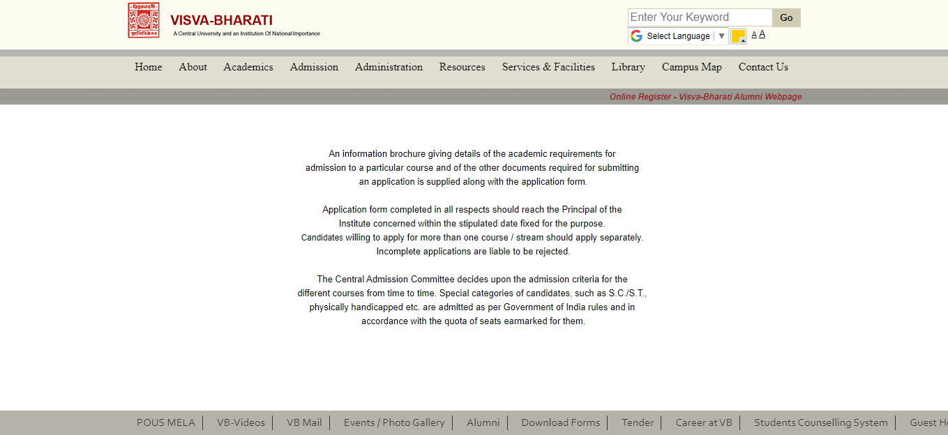 Visva Bharati University Admission